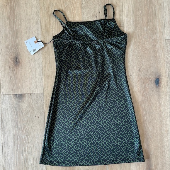 Olive green & black print satin mini dress Sz Small Originality *C24 - Picture 2 of 3